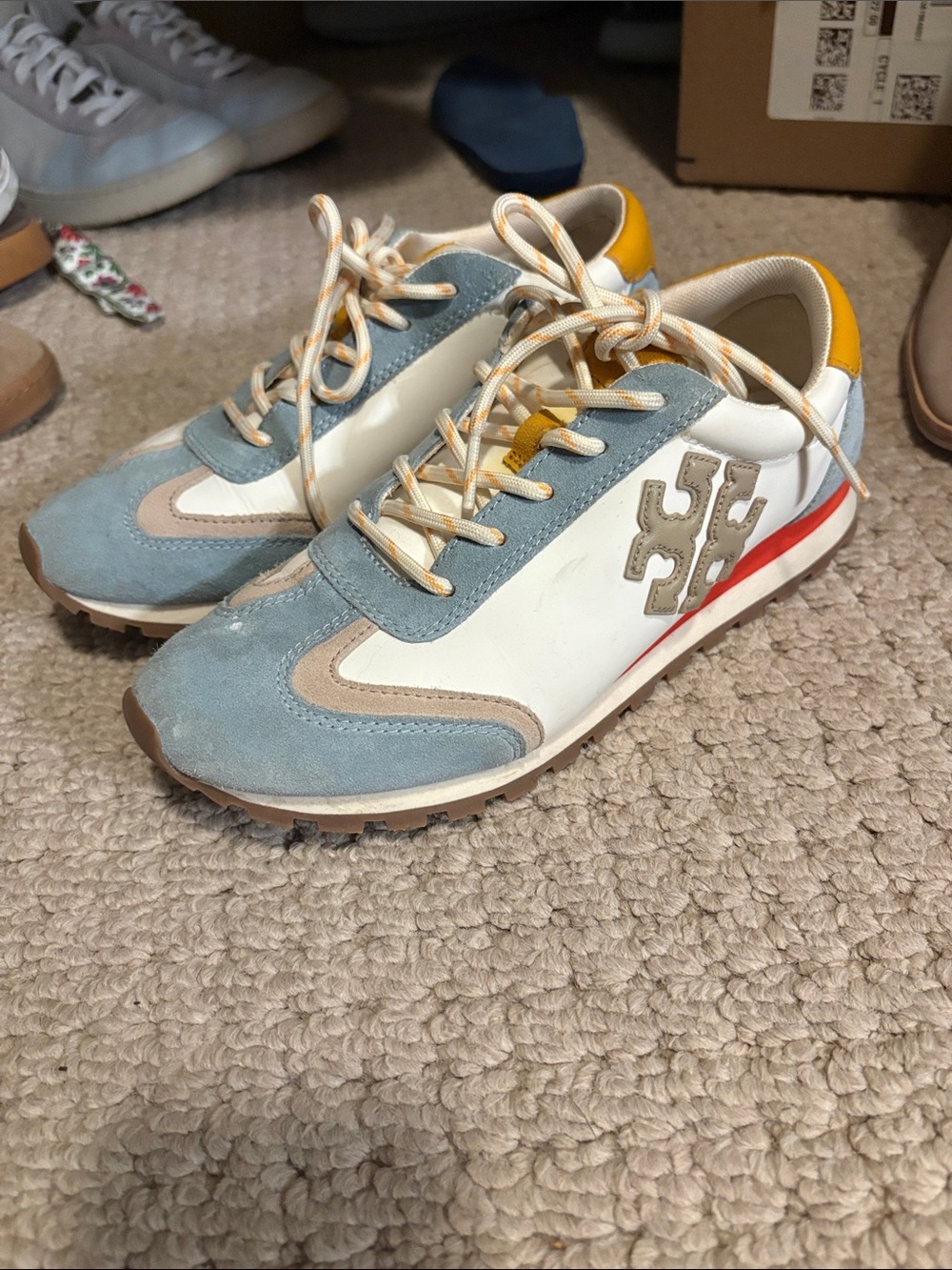 Tory Burch Men's Light Blue, White & Yellow Retro Runner Sneakers